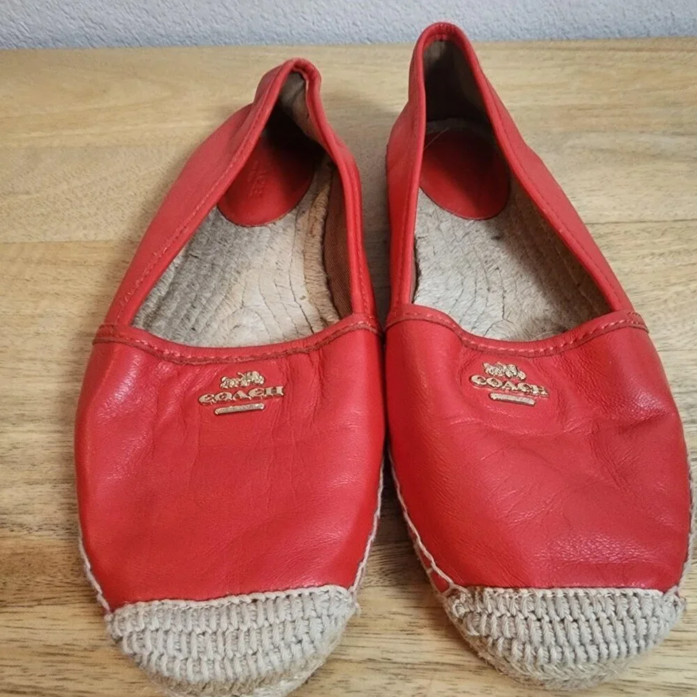 Coach Shoes Womens Size 7.5 Red Leather Espadrille Flats Logo Casual